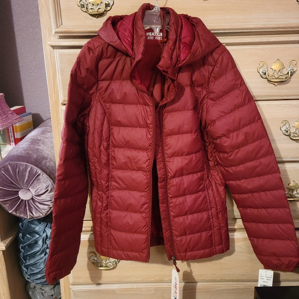 HeatKeep Maroon Packable Ultralight Down Jacket with Hood Size Small